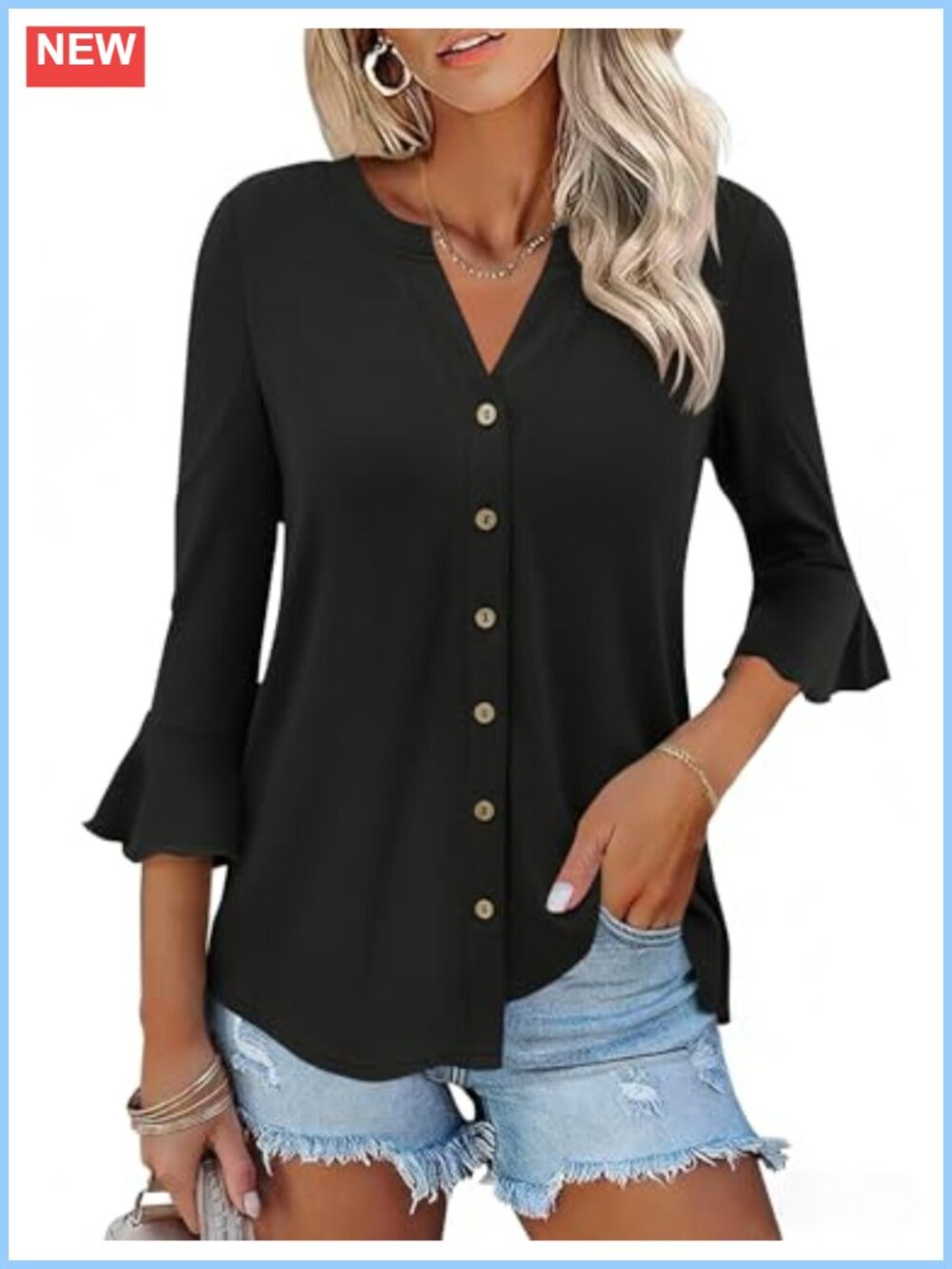 Women's 3/4 Sleeve V-Neck Button Down Tunic Blouse Ruffle Bell Sleeve Top